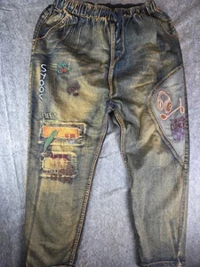 Womens Denim Patched Embroidered Distressed Jeans Elastic Waist Sz 3XL - Picture 1 of 11