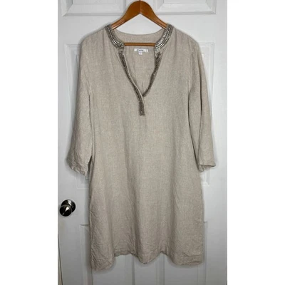 Vestido túnica pulóver 100 % lino adornado con cuentas cuello en V Chico’s 3 o US 16 Foto 1 de 4