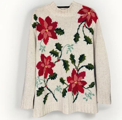 Suéter Liz Claiborne De Colección Liz Sport LG Crema Tejido Rojo Poinsettia Vacaciones Foto 1 de 4