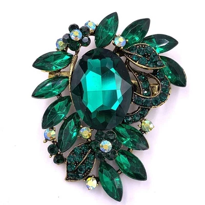 Broche broche broche hoja estrás verde estilo vintage tono dorado envejecido Foto 1 de 4