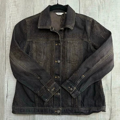 Ashley Button Up Petite 黑色牛仔夹克 WMNS PM 串珠刺绣 — 第 1/4 张图片