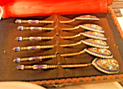 ANTIGUAS CUCHARADITAS RUSAS 6 PLATA ESMALTE CLOISONNE KOKOSHNIK 84 Moscú Foto 1 de 4