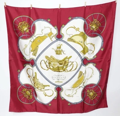 Hermès Silk Scarf “Springs” 90cm – Red / Gold / Ivory – Rare Design - Imagen 1 de 4