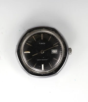Timex Orologio Uomo Meccanico Vintage Argento Inox St Data Nero Non Funzionante - Immagine 1 di 4