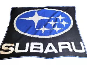 RARE UNIQUE Hand Knit / Crochet SUBARU LOGO Throw Blanket 60 x 50, Made in USA - Picture 1 of 6