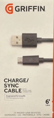Cable de carga y sincronización Griffin de 6 pies para dispositivos micro-USB - negro Samsung, LG, Moto Foto 1 de 4