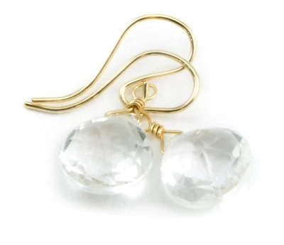 14k Gold Clear White Topaz Earrings Heart Drops Sterling Simple Faceted Dangles - Image 1 of 4