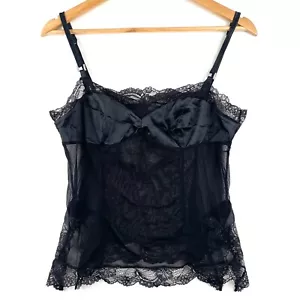 Pleasure State Camisole Top Size L Black Sheer Mesh Satin Lace Trim Rhinestone - Picture 1 of 6