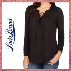 Lucky Brand Black Crochet Peasant Boho Lace Up Long Sleeve Blouse Top Sz Small - Picture 1 of 8