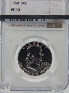 1958 -  FRANKLIN HALF DOLLAR NGC GRADED PF69 - PROOF (BT194) - Picture 1 of 6
