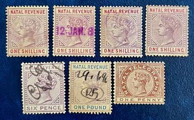 Natal Revenue & Telegraph Stamps / Queen Victoria QV / Lot of 7 / Used & Unused - Image 1 of 2