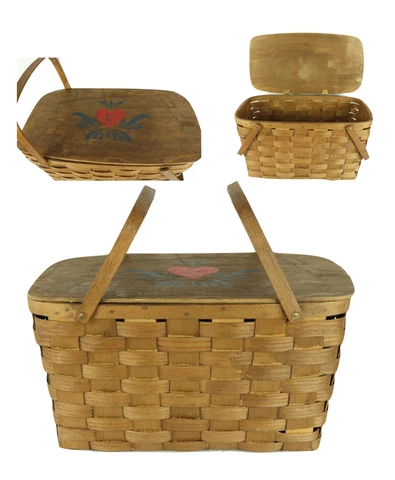 Vintage 50s Two Handle Hinged Wicker Picnic Basket Rockabilly Pinup C Heart Wood Cover
