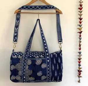 Blue Patchwork 100% Cotton Duffle Bags Quilted Fabric Weekender Overnight Bag - Picture 1 of 10