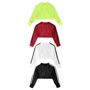 Kids Long Sleeve Gym Sports Girls Costume Crop Top Street Mesh Jazz Workout Tee - Picture 1 of 41
