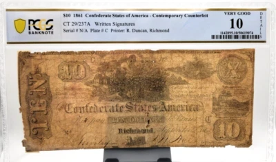 1861 $10 CONFEDERATE CT-29 - CONTEMPORARY COUNTERFEIT R-10! 21-50 KNOWN!! VG10 - Image 1 of 2