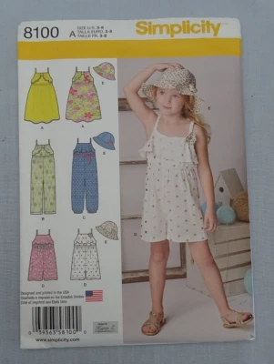 Simplicity Sewing Pattern 8100 Size 3 4 5 6 7 8 Sundress Romper Jumpsuit Hat NOS - Image 1 of 2