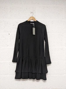 Mint Velvet Crinkle Jersey Tiered Mini Dress Long Sleeve Black Size M - New - Picture 1 of 6