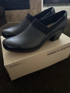 Clarks Emslie Summit Damen-Slipper Blockabsatz schwarz Leder-Loafer Größe 11 M - Bild 1 von 9