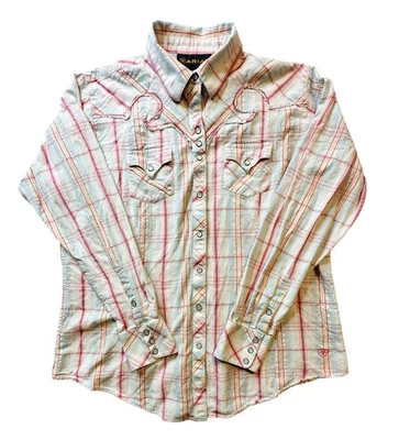 Camisa Ariat Feminina XL Xadrez Pastel Pérola Ocidental Snap Manga Longa Bordada - Imagem 1 de 4