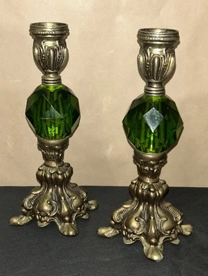 MCM Cornell Regency Hollywood Emerald/Brass Lucite Candle Holder/8 "/Set Of 2 - Image 1 of 4