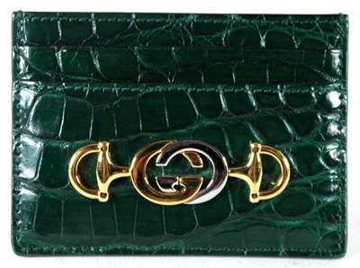 GUCCI Cartera Portatarjetas Verde Esmeralda Oscuro Piel de Cocodrilo ZUMI GG Metal Logo Foto 1 de 4