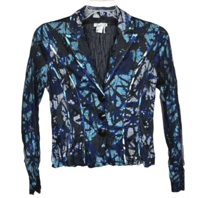 VTG Alberto Makali Blue Abstract Mesh Overlay Crinkle Fabric Jacket Size 6 - Image 1 of 4