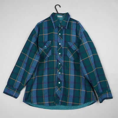 Camisa de franela VIP vintage para hombre grande azul verde a cuadros acolchada chaqueta B59 Foto 1 de 4