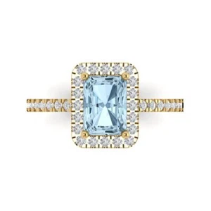 1.86Ct Emerald Cut Natural Aquamarine Halo Engagement Ring, 14K Yellow Gold - Picture 1 of 11
