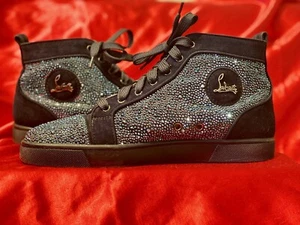 Men’s High Top Crystal Sneakers Blue Suede Bling Shoes Red Sole Style Designer - Picture 1 of 24