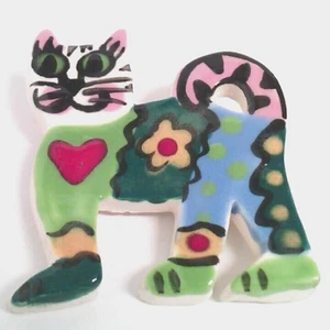 Cat~Brooch Pin~Multi Color~Flowers~White~Vintage~Glazed~Pottery - Picture 1 of 6