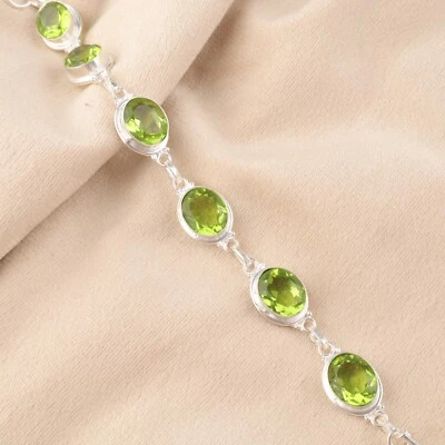 Natural Peridot Gemstone Chain Bracelet 925 Sterling Silver Indian Jewelry - Image 1 of 4