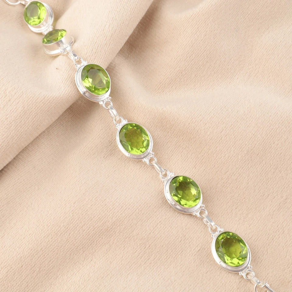 Brazalete de cadena de piedras preciosas de peridoto natural plata de ley 925 joyería india Foto 1 de 4