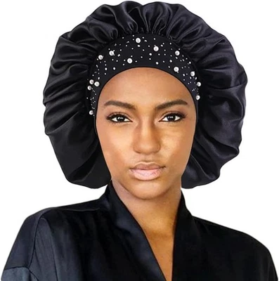 Hair Bonnet Glittering Pearls and Rhinestones Satin Bonnet Wide Band Sleeping Ca - Image 1 of 4