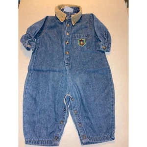 Small Steps Denim Romper Corduroy Collar Embroidered Crest 12 Months VTG - Picture 1 of 4