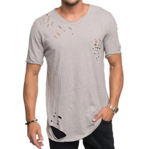 Men Round Neck T-Shirt Shirts Ripped Sport Short Sleeve Casual Slim Tops Tee - Picture 1 of 32