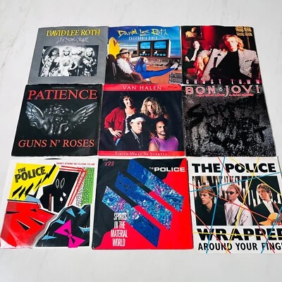 80's Rock - Lot of 9 - Single 45 Records Roth Van Halen Police Bon Jovi G N' R - Image 1 of 4