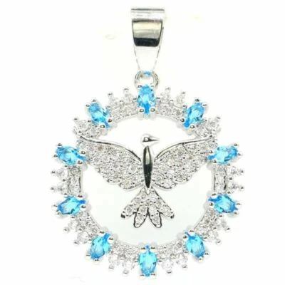 Pendente Colomba Della Pace In Argento E Pietra Topazio Blu Svizzero E Zirconi - Immagine 1 di 2