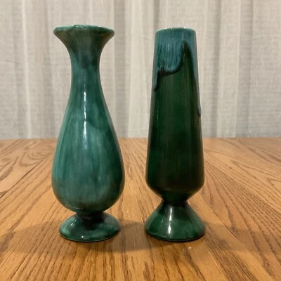 "Juego de cerámica vintage de 6,25"" florero esmaltado por goteo verde turquesa complemento cada uno" Foto 1 de 4