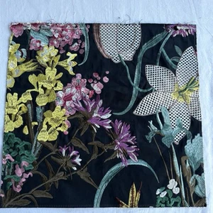 Designer Fabric Sample Embroidered Floral Black w/ Bright Colors 15.5 in x 14 in - Picture 1 of 3
