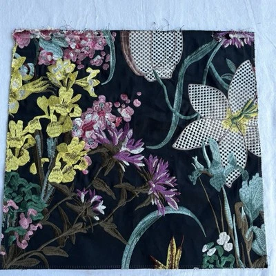 Designer Fabric Sample Embroidered Floral Black w/ Bright Colors 15.5 in x 14 in - Image 1 of 3