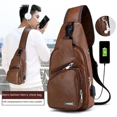 Mochila bandolera de cuero PU para hombre Riñoneras Carga USB NUEVA Foto 1 de 4