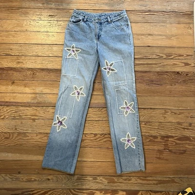 Pantalones de mezclilla vintage Y2K flores envejecidas retazos para mujer talla 6 festival grunge Foto 1 de 4