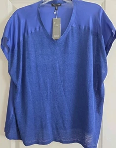 EILEEN FISHER Royal Blue Linen and Silk V Neck Blouse Top Cap Sleeves Medium NWT - Picture 1 of 12