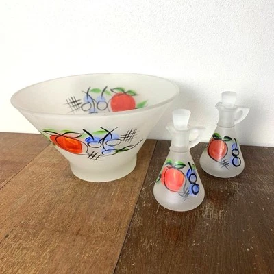 Ensaladera de vidrio esmerilado Hazel Atlas y frutas retro mediados de siglo vintage Foto 1 de 4