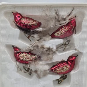 Holiday Time Clip On Glass Bird Christmas Ornaments Set Of 4 Red - Picture 1 of 4