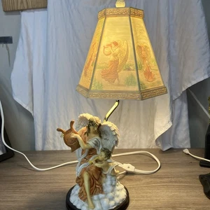 VTG Prismarte 19” Table Lamp Angel Playing Harp W/child 6 Panel Lamp Shade - Picture 1 of 20