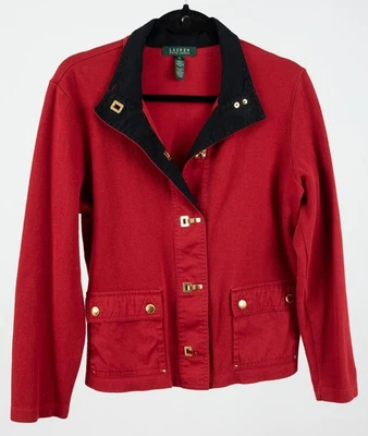 Lauren Ralph Lauren Mujer Rojo Manga Larga Dorado Hardware Suéter Chaqueta XL USADO EN EXCELENTE ESTADO Foto 1 de 3