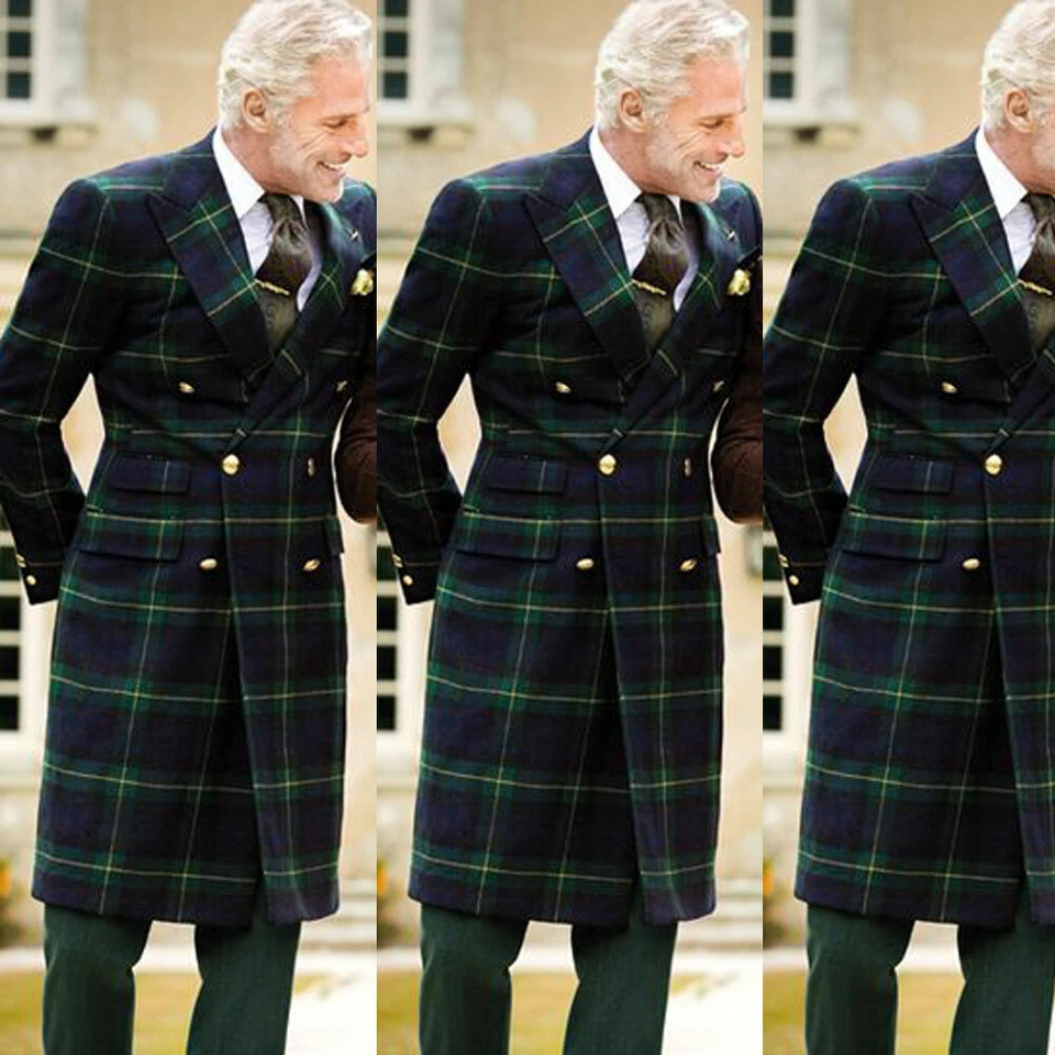 Jaqueta longa masculina de peito duplo xadrez verde smoking pico largo casaco de lapela - Imagem 1 de 4