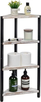 4 Tier White Wood and Black Metal Bathroom Corner Standing Shelf, Corner Shelf - Image 1 of 4