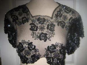 Rare VTG Black Beaded Pearl Floral Evening Collar Wedding Sheer Capelet Shrug - Picture 1 of 8